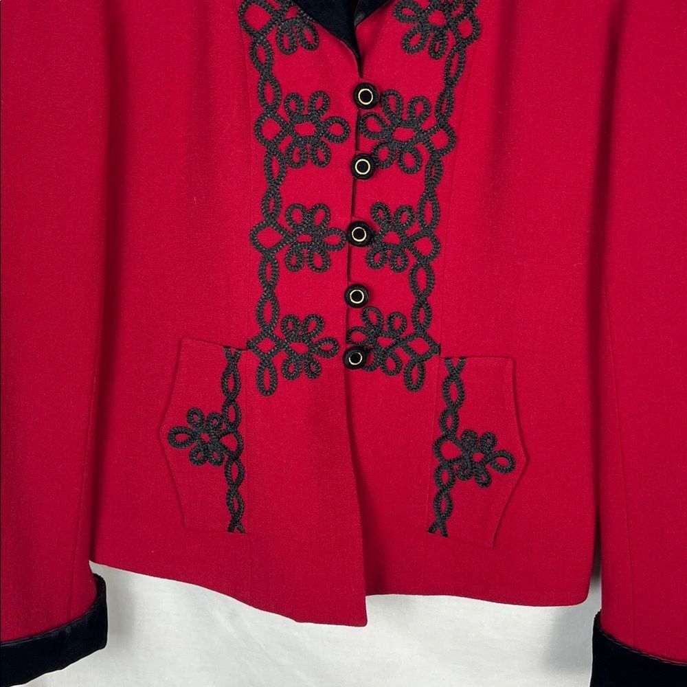 Vintage SOOO CRAZY Rina Ross Wool Red Button Up Brazer with Black Embellishments - Picture 2 of 9